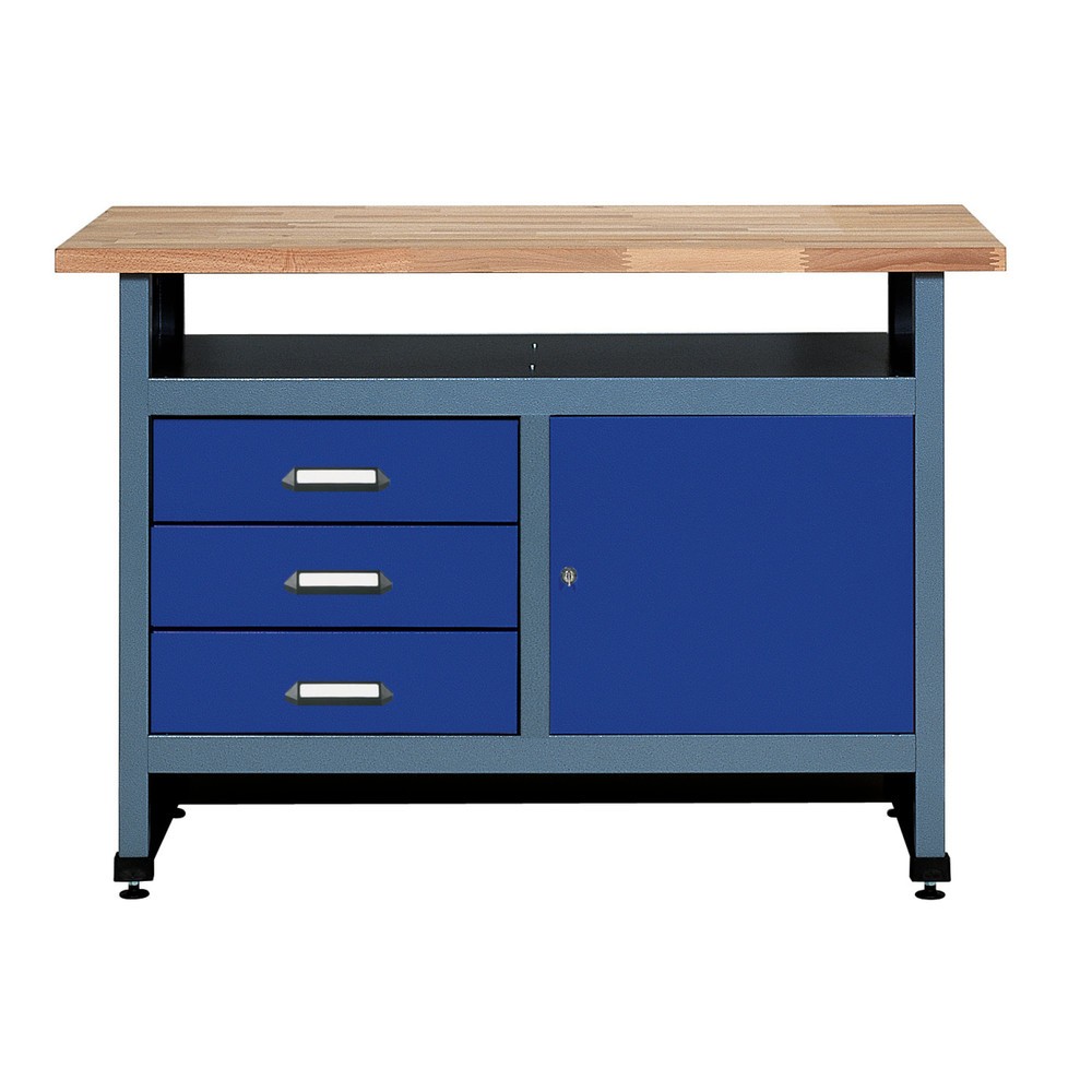 Product afbeelding: Werkbank met 3 lades + deur + opbergvak, bxd 1.200 x 600 mm, blauw