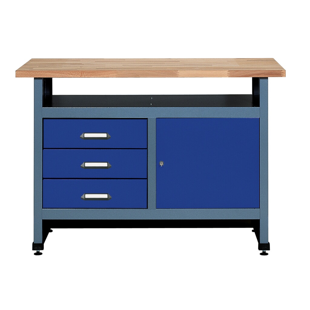 Werkbank met 3 lades + deur + opbergvak, bxd 1.200 x 600 mm, blauw Product afbeelding: Werkbank met 3 lades + deur + opbergvak, bxd 1.200 x 600 mm, blauw