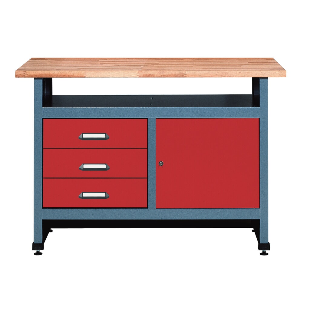 Product afbeelding: Werkbank met 3 lades + deur + opbergvak, bxd 1.200 x 600 mm, rood