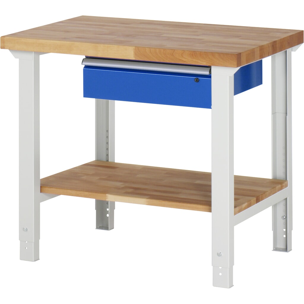 RAU werkbank serie 7000, h x b x d 790-1.140 x 1.000 x 700 mm, legbord onderaan, met 1 lade rechts Product afbeelding: RAU werkbank serie 7000, h x b x d 790-1.140 x 1.000 x 700 mm, legbord onderaan, met 1 lade rechts