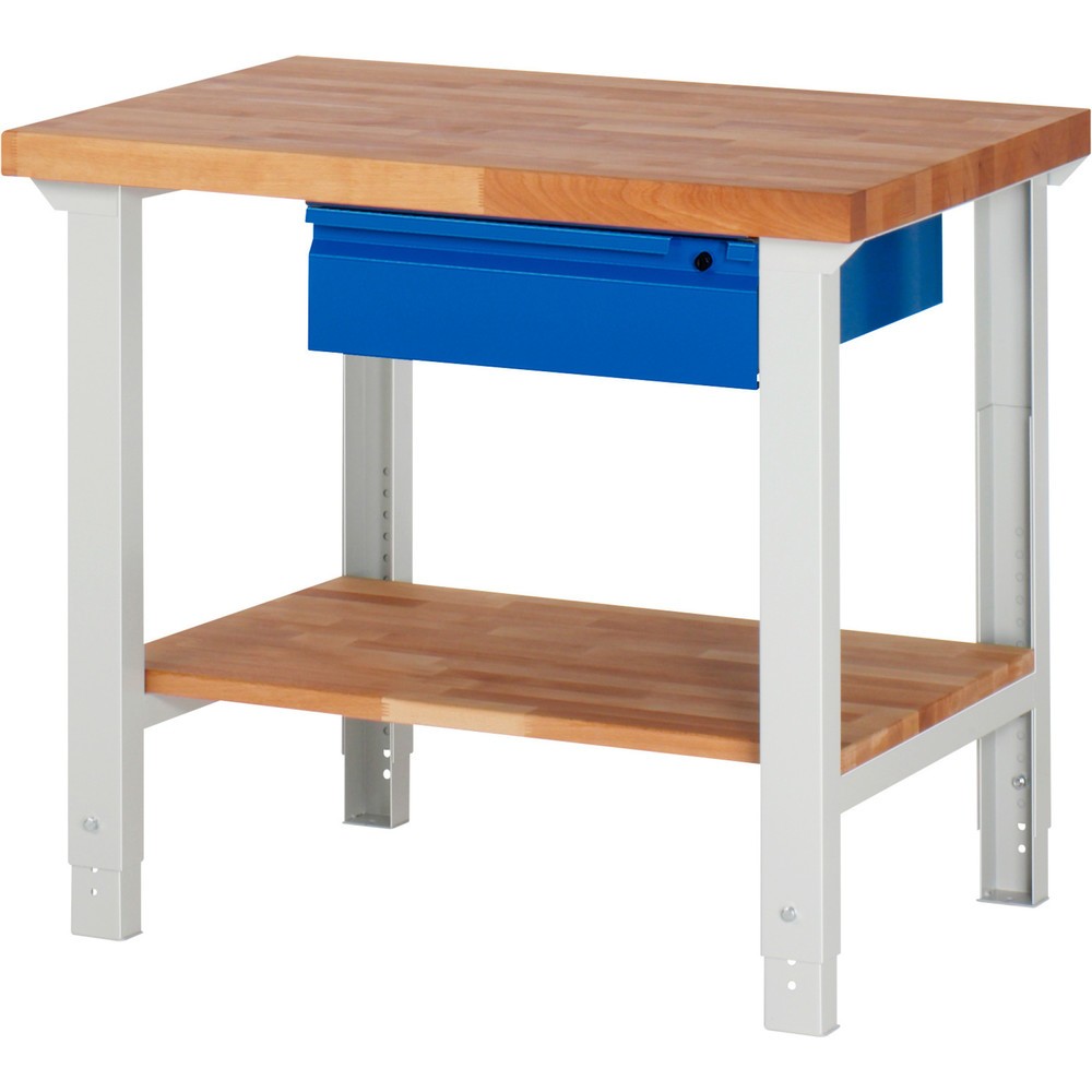 Productafbeelding nr. 1: Werkbank RAU serie 7000, 1 massief beuken legbord, hxbxd 790-1.140 x 1.000 x 700 mm, 1 lade 1 x 150 mm
