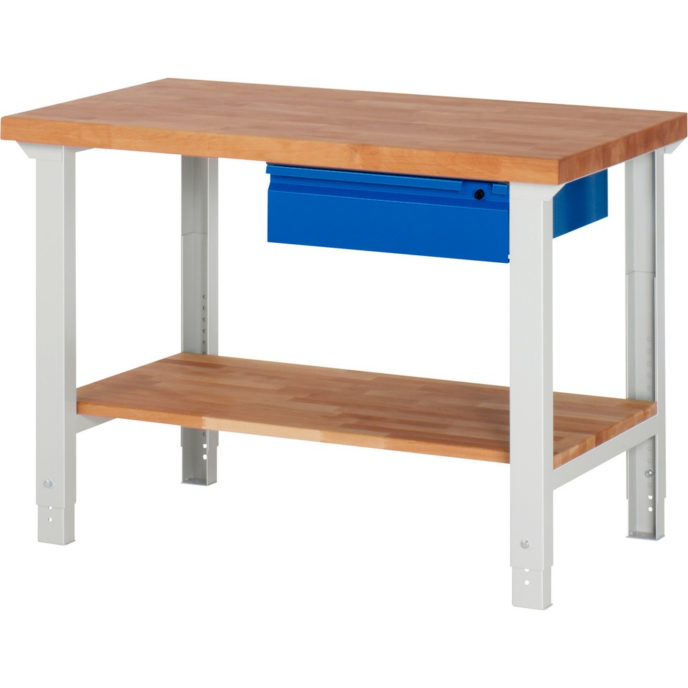 Productafbeelding nr. 1: Werkbank RAU serie 7000, 1 massief beuken legbord, hxbxd 790-1.140 x 1.250 x 700 mm, 1 lade 1 x 150 mm