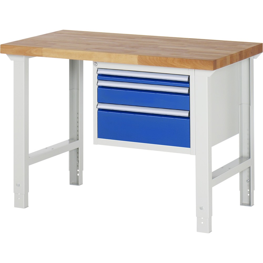 Product afbeelding: RAU werkbank serie 7000, h x b x d 790-1.140 x 1.250 x 700 mm, 1 onderbouwkast rechts, met 3 lades