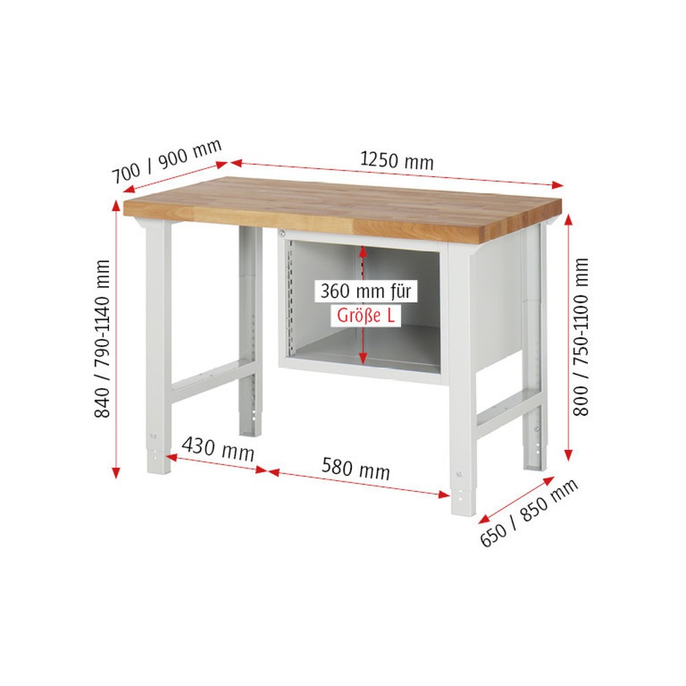 Productafbeelding nr. 4: Werkbank RAU serie 7000, 1 kast, hxbxd 840 x 1.250 x 700 mm, 3 x voor 90% uittrekbare lades 1 x 60, 1 x 120, 1 x 180 mm, draagvermogen lade 100 kg