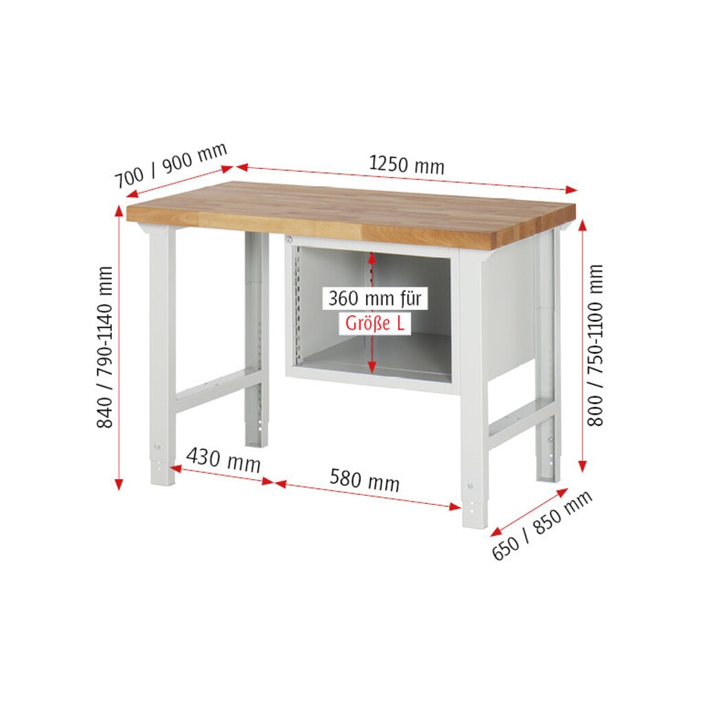 Productafbeelding nr. 6: Werkbank RAU serie 7000, 1 kast, hxbxd 840 x 1.250 x 700 mm, 4 x voor 100% uittrekbare lades 4 x 90 mm, draagvermogen lade 100 kg