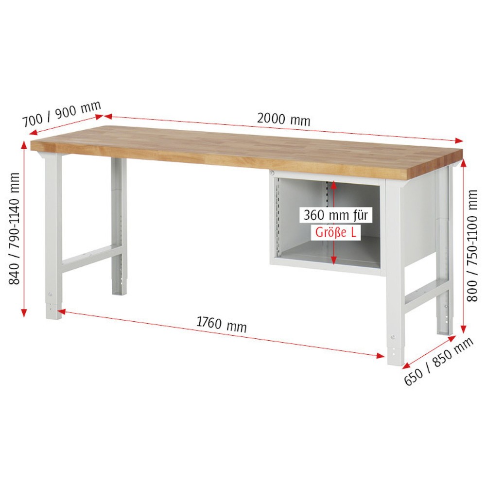Productafbeelding nr. 4: Werkbank RAU serie 7000, 1 kast, hxbxd 840 x 2.000 x 900 mm, 2 x voor 90% uittrekbare lades 2 x 180 mm