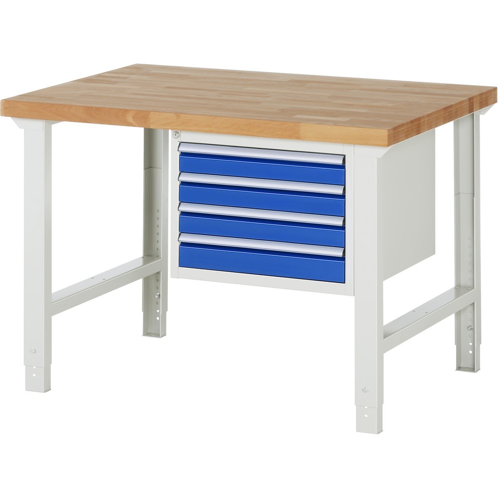 Product afbeelding: RAU werkbank serie 7000, h x b x d 790-1.140 x 1.250 x 900 mm, 1 onderbouwkast rechts, met 4 lades