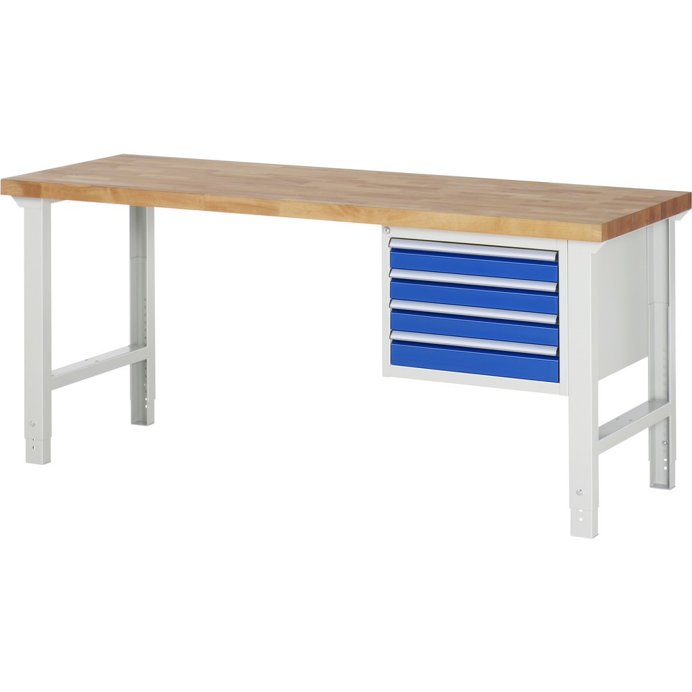 Product afbeelding: RAU werkbank serie 7000, h x b x d 790-1.140 x 2.000 x 700 mm, 1 onderbouwkast rechts, met 4 lades