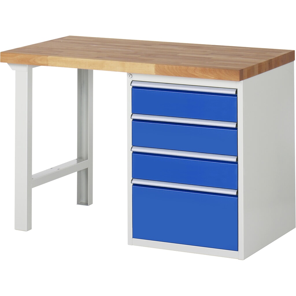 RAU werkbank serie 7000, h x b x d 890 x 1.250 x 700 mm, 1 onderbouwkast rechts, met 4 lades Product afbeelding: RAU werkbank serie 7000, h x b x d 890 x 1.250 x 700 mm, 1 onderbouwkast rechts, met 4 lades