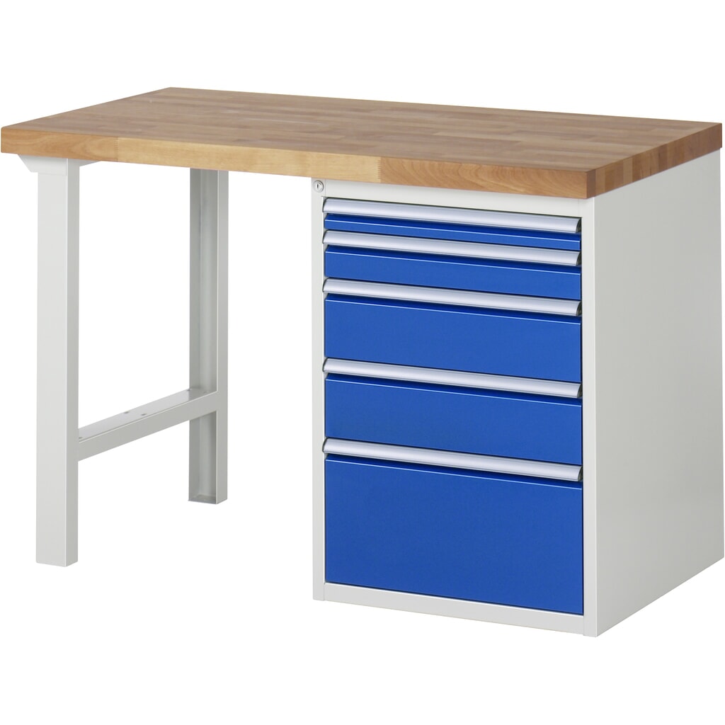 RAU werkbank serie 7000, h x b x d 890 x 1.250 x 700 mm, 1 onderbouwkast rechts, met 5 lades Productafbeelding nr. 1: RAU werkbank serie 7000, h x b x d 890 x 1.250 x 700 mm, 1 onderbouwkast rechts, met 5 lades