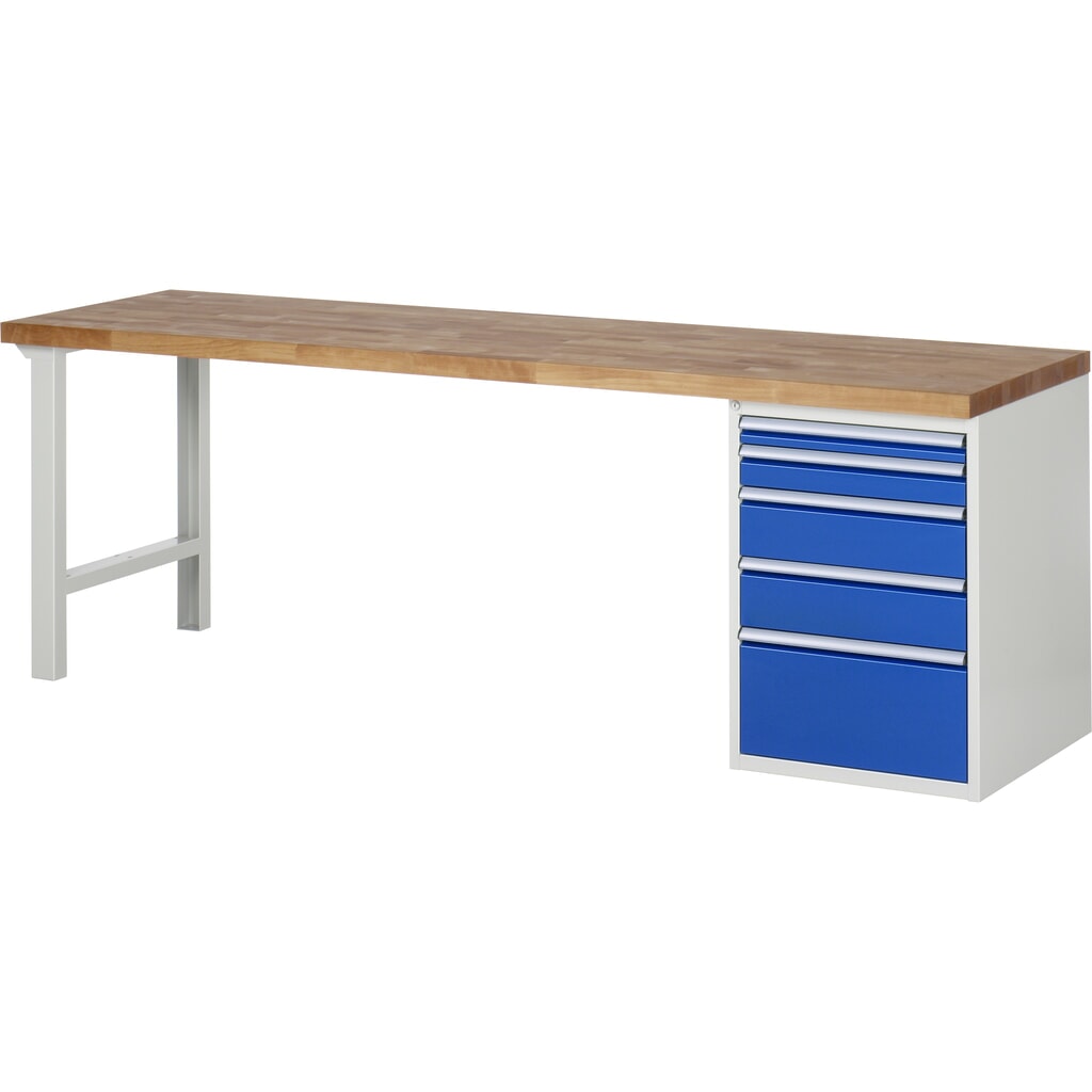 Product afbeelding: RAU werkbank serie 7000, h x b x d 890 x 2.500 x 700 mm, 1 onderbouwkast rechts, met 5 lades
