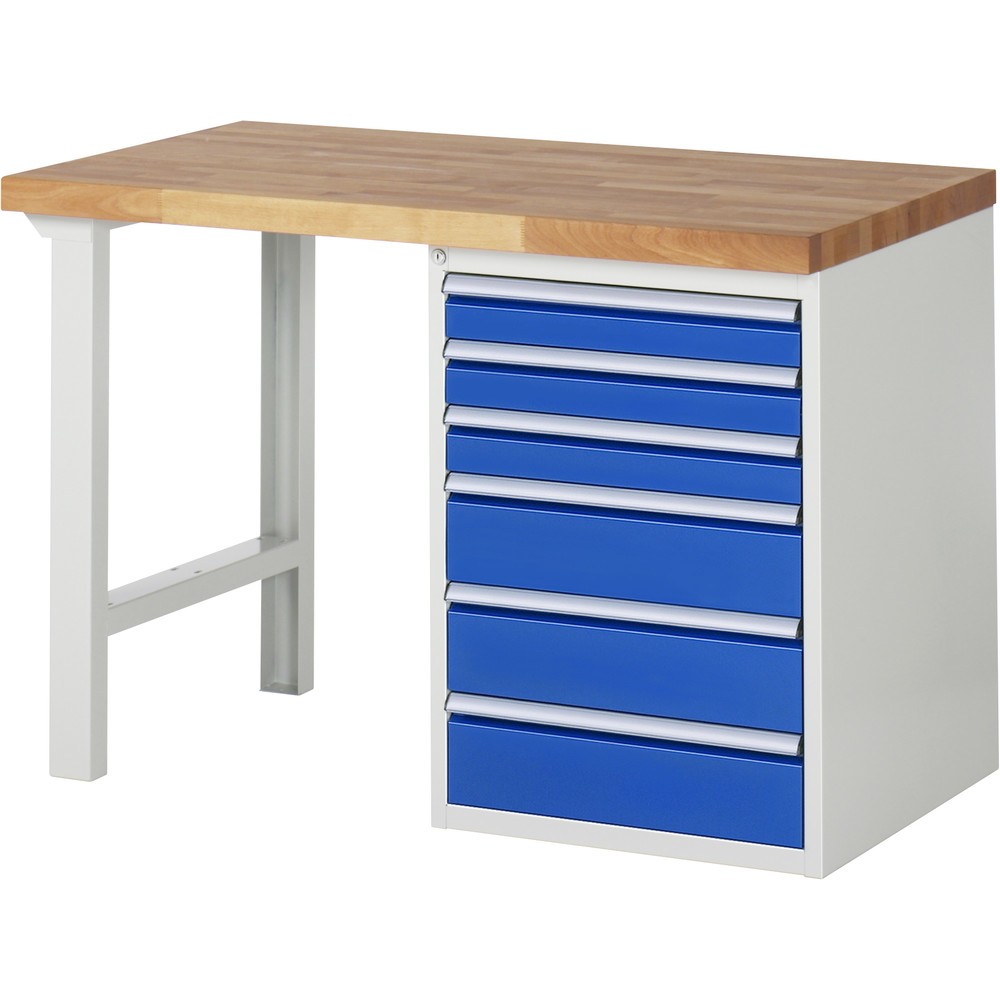 Product afbeelding: RAU werkbank serie 7000, h x b x d 890 x 1.250 x 700 mm, 1 onderbouwkast rechts, met 6 lades