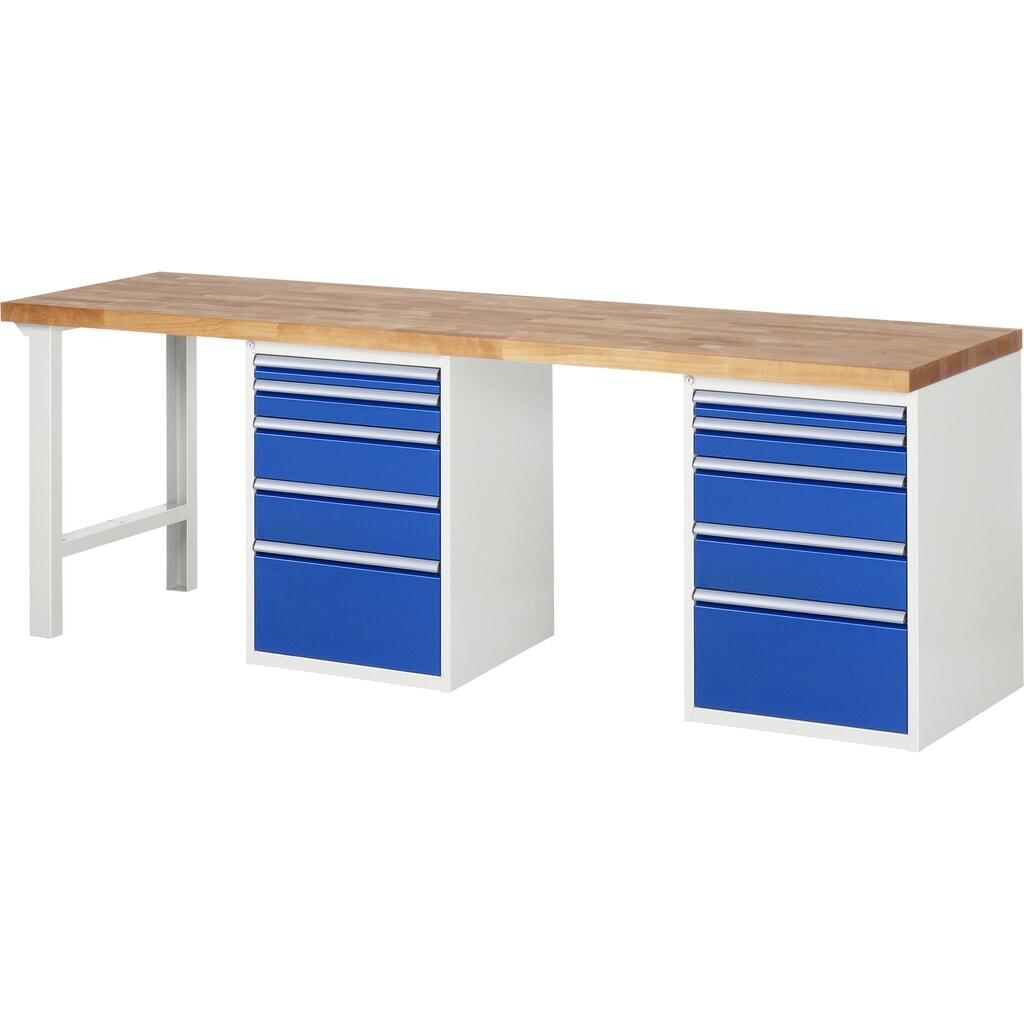 Product afbeelding: RAU werkbank serie 7000, h x b x d 890 x 2.500 x 700 mm, 2 onderbouwkasten, met telkens 5 lades