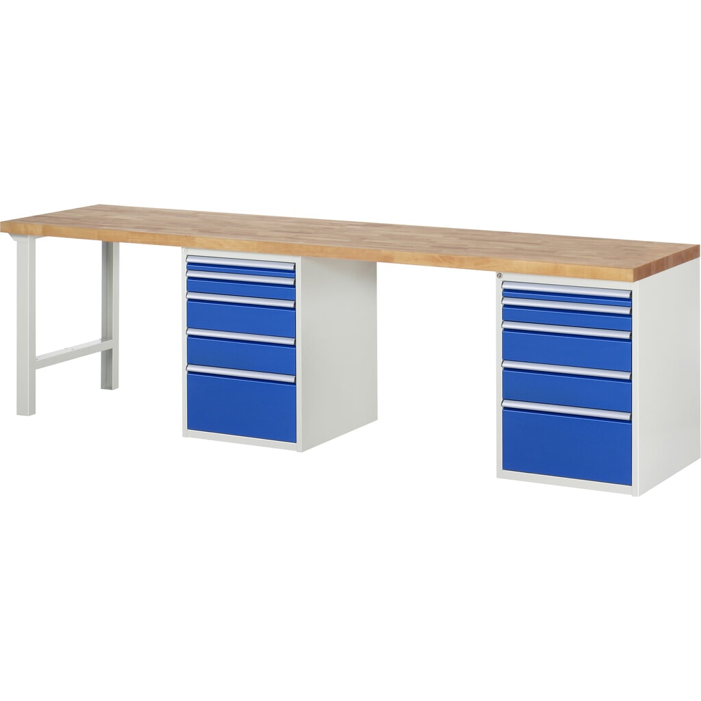 RAU werkbank serie 7000, h x b x d 890 x 3.000 x 700 mm, 2 onderbouwkasten, met telkens 5 lades Productafbeelding nr. 1: RAU werkbank serie 7000, h x b x d 890 x 3.000 x 700 mm, 2 onderbouwkasten, met telkens 5 lades