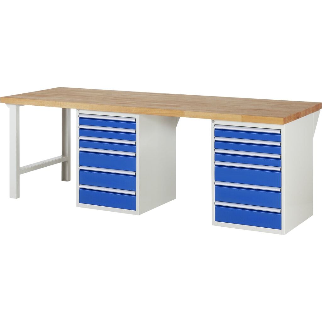 Product afbeelding: RAU werkbank serie 7000, h x b x d 890 x 2.500 x 900 mm, 2 onderbouwkasten, met telkens 6 lades