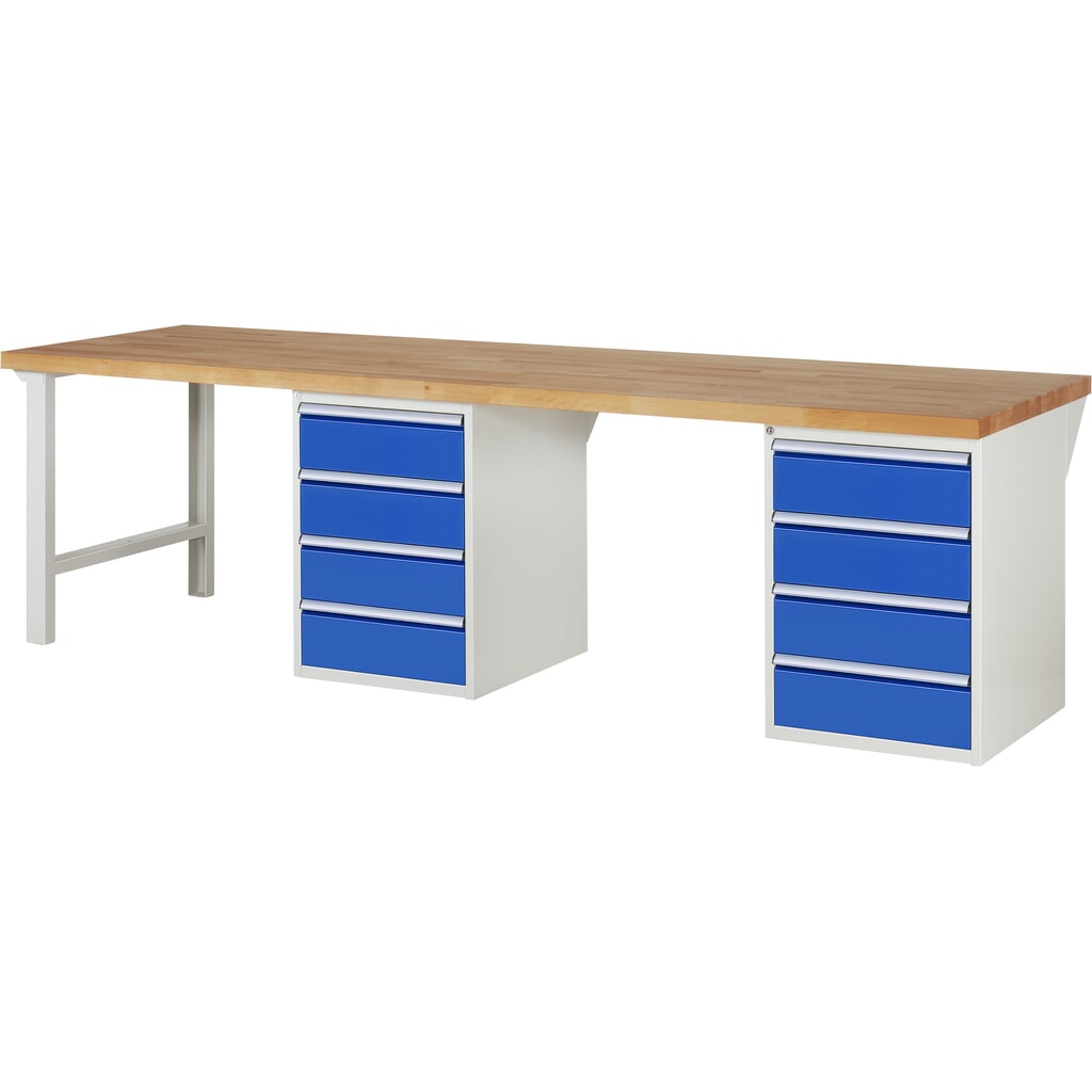 Product afbeelding: RAU werkbank serie 7000, h x b x d 890 x 3.000 x 900 mm, 2 onderbouwkasten, met telkens 4 lades