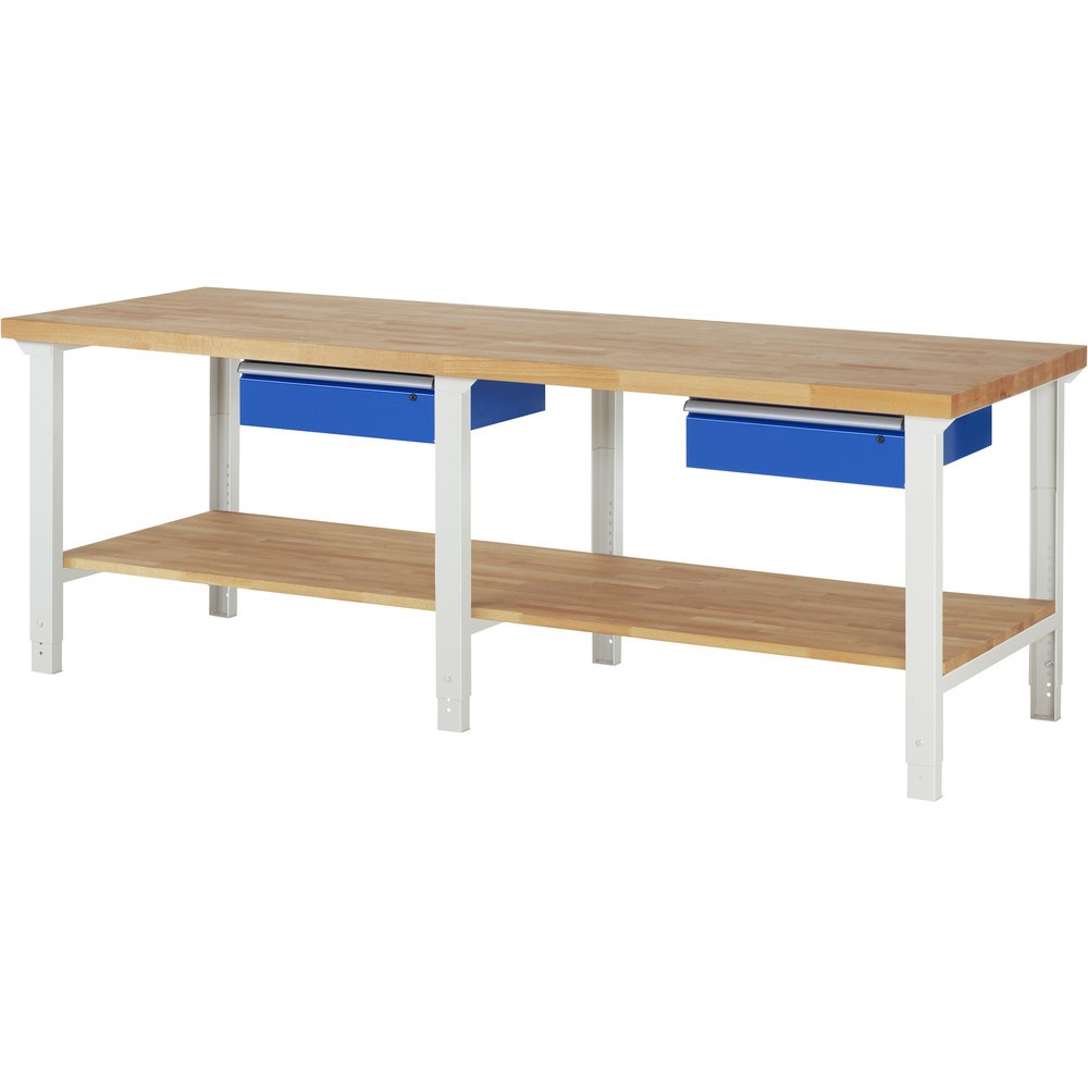 Product afbeelding: RAU werkbank serie 7000, h x b x d 790-1.140 x 2.500 x 900 mm, legbord onderaan, met 2 lades