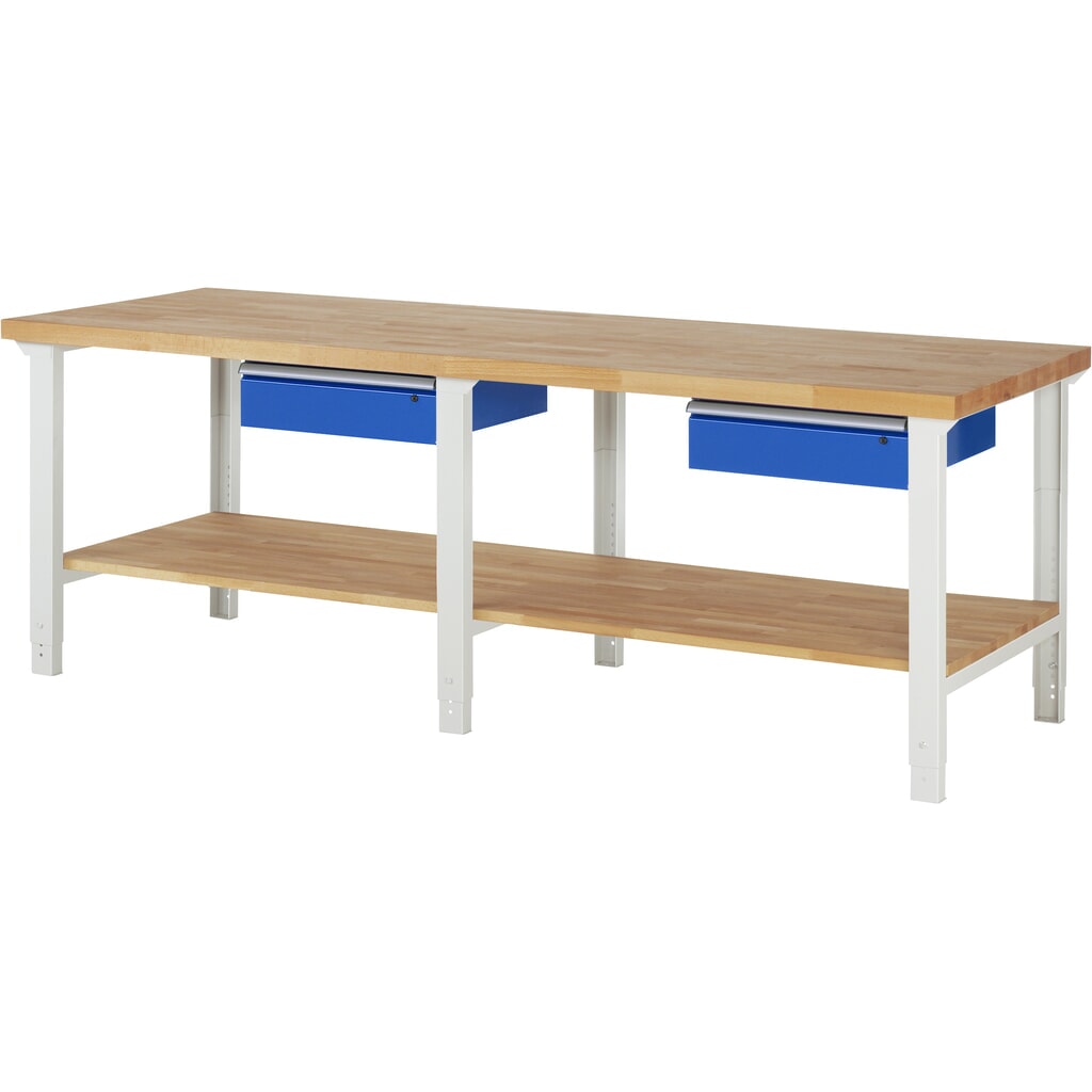 Product afbeelding: RAU werkbank serie 7000, h x b x d 790-1.140 x 2.500 x 900 mm, legbord onderaan, met 2 lades