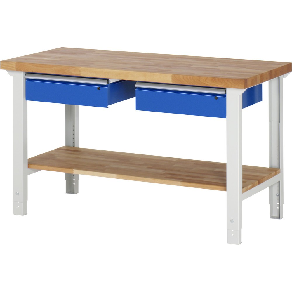 Productafbeelding nr. 1: Werkbank RAU serie 7000, 1 massief beuken legbord, hxbxd 790-1.140 x 1.500 x 700 mm, 2 lades 2 x 150 mm