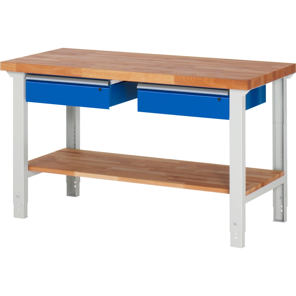 Product afbeelding: Werkbank RAU serie 7000, 1 massief beuken legbord, hxbxd 790-1.140 x 1.500 x 700 mm, 2 lades 2 x 150 mm