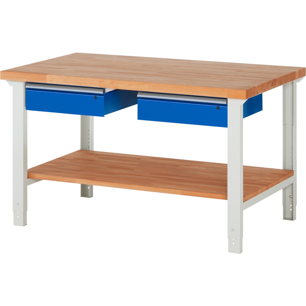 Productafbeelding nr. 1: Werkbank RAU serie 7000, 1 massief beuken legbord, hxbxd 790-1.140 x 1.500 x 900 mm, 2 lades 2 x 150 mm