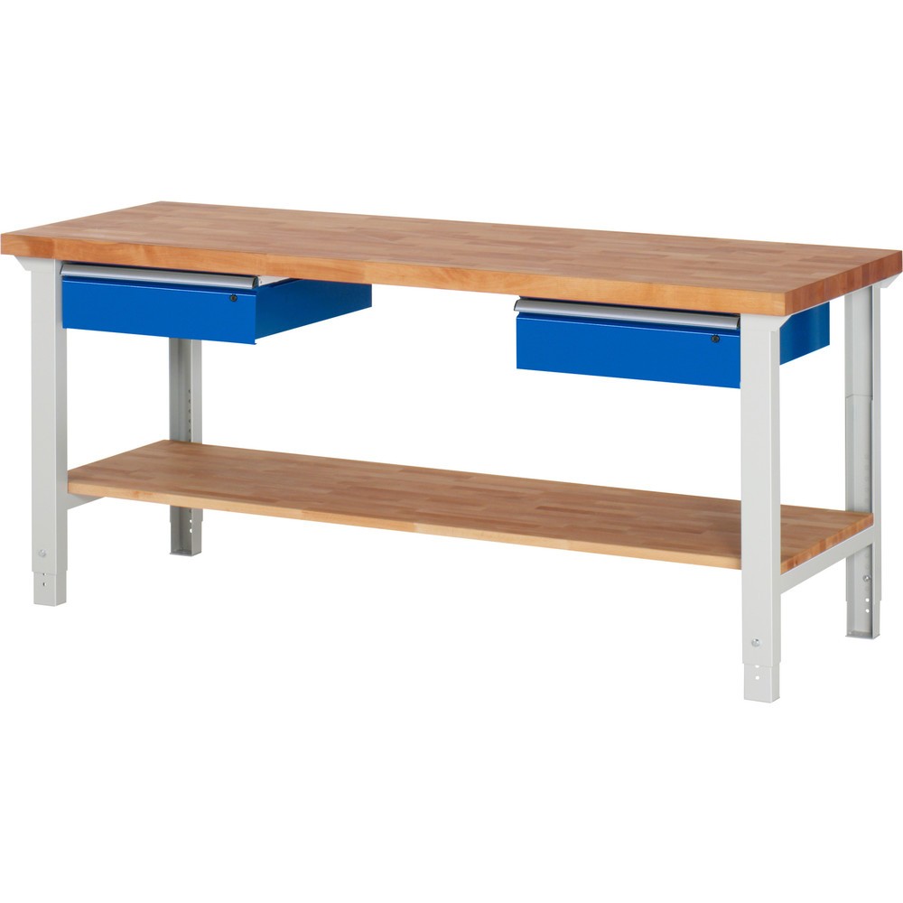 Product afbeelding: Werkbank RAU serie 7000, 1 massief beuken legbord, hxbxd 790-1.140 x 2.000 x 700 mm, 2 lades 2 x 150 mm