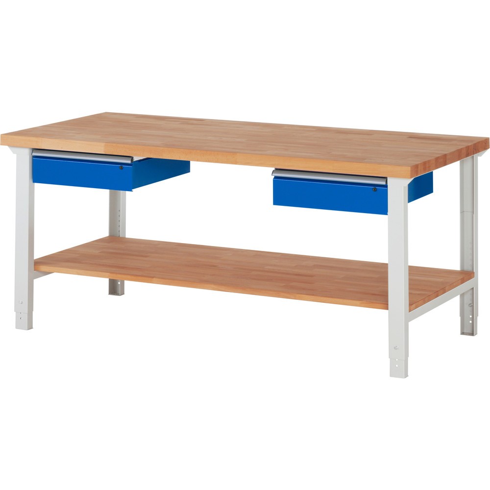 Productafbeelding nr. 1: Werkbank RAU serie 7000, 1 massief beuken legbord, hxbxd 790-1.140 x 2.000 x 900 mm, 2 lades 2 x 150 mm
