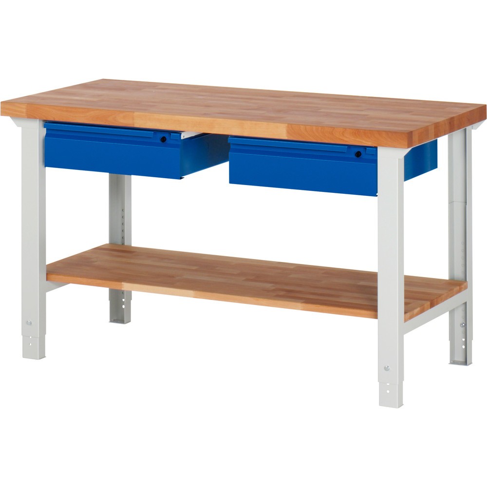 Productafbeelding nr. 1: Werkbank RAU serie 7000, 1 massief beuken legbord, hxbxd 790-1.140 x 1.500 x 700 mm, 2 lades 2 x 150 mm