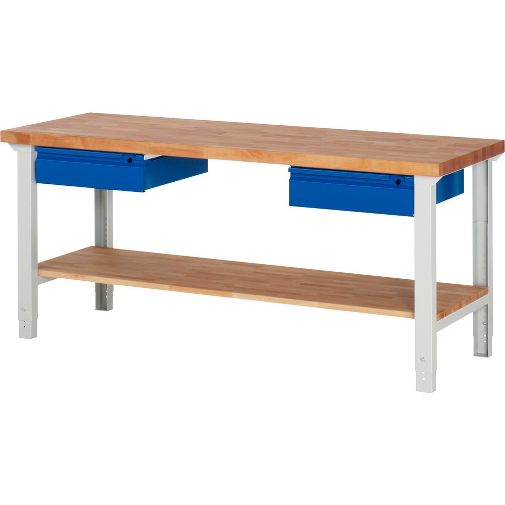 Product afbeelding: Werkbank RAU serie 7000, 1 massief beuken legbord, hxbxd 790-1.140 x 2.000 x 700 mm, 2 lades 2 x 150 mm