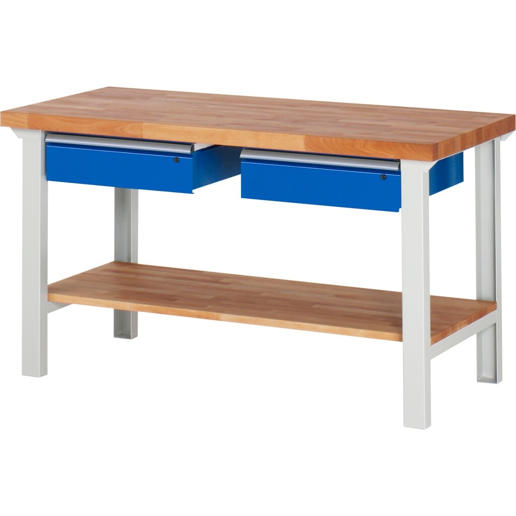 Werkbank RAU serie 7000, 1 massief beuken legbord, hxbxd 840 x 1.500 x 700 mm, 2 lades 2 x 150 mm Product afbeelding: Werkbank RAU serie 7000, 1 massief beuken legbord, hxbxd 840 x 1.500 x 700 mm, 2 lades 2 x 150 mm