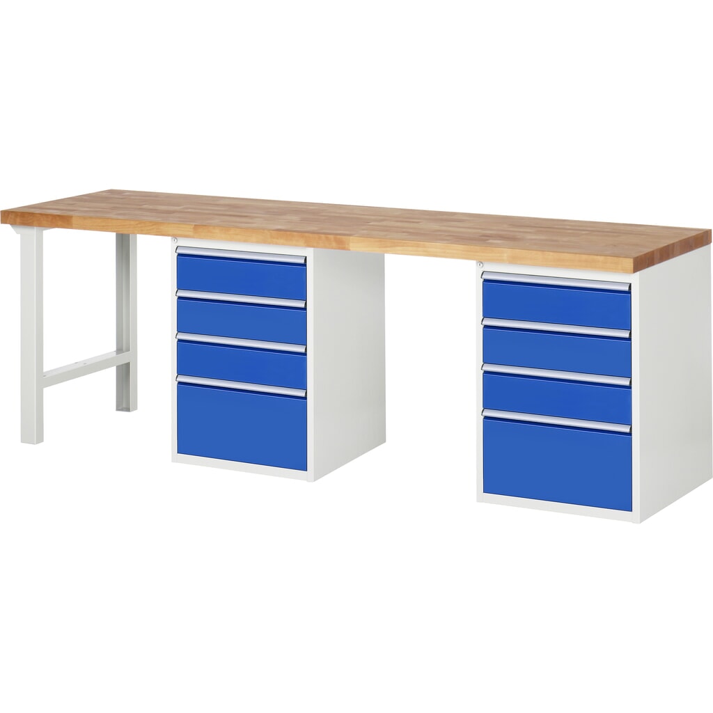 Productafbeelding nr. 1: RAU werkbank serie 7000, h x b x d 890 x 2.500 x 700 mm, 2 onderbouwkasten, met telkens 4 lades