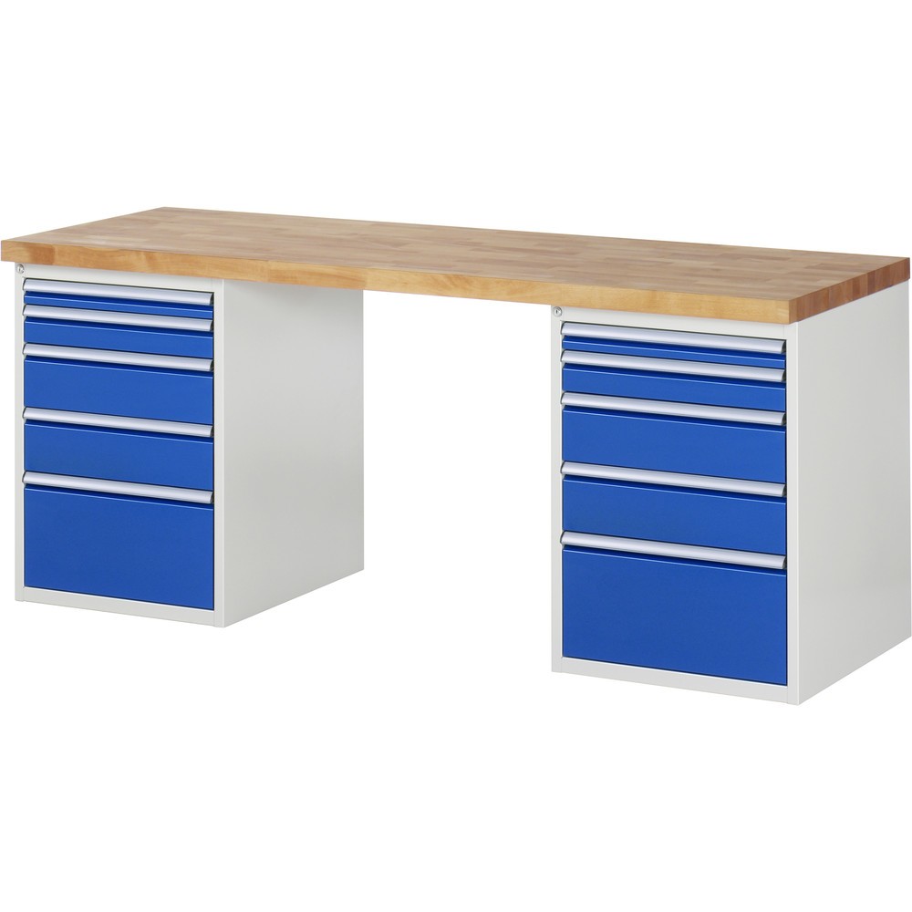 Product afbeelding: RAU werkbank serie 7000, h x b x d 890 x 2.000 x 700 mm, 2 onderbouwkasten, met telkens 5 lades