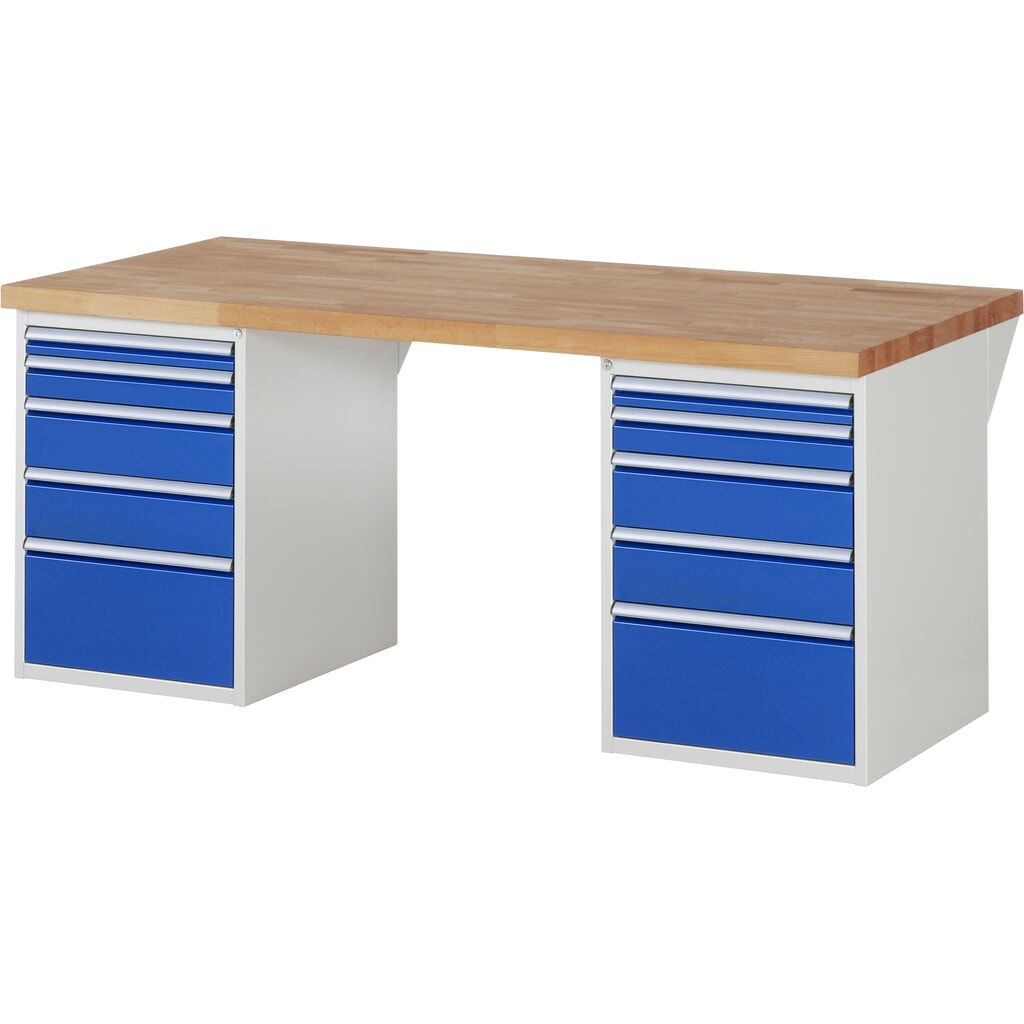 Product afbeelding: RAU werkbank serie 7000, h x b x d 890 x 2.000 x 900 mm, 2 onderbouwkasten, met telkens 5 lades