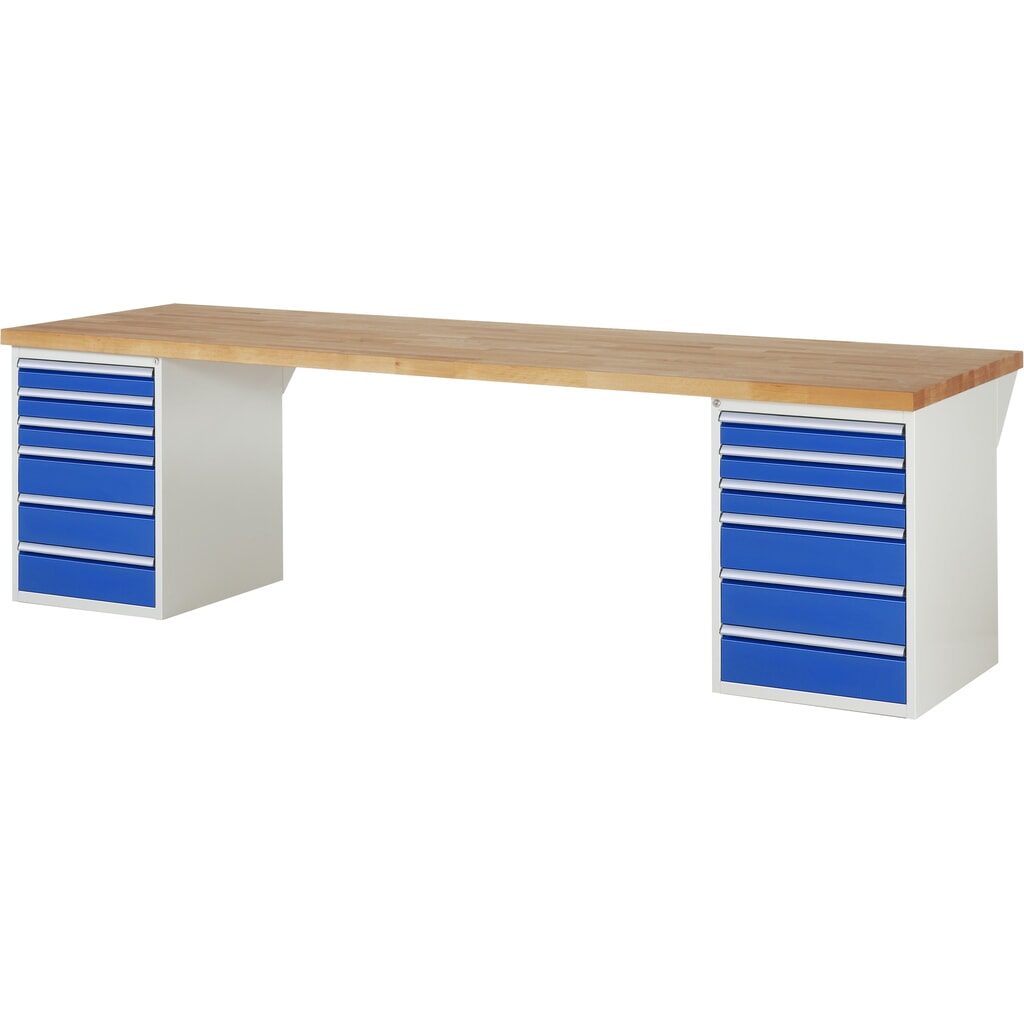 Product afbeelding: RAU werkbank serie 7000, h x b x d 890 x 3.000 x 900 mm, 2 onderbouwkasten, met telkens 6 lades