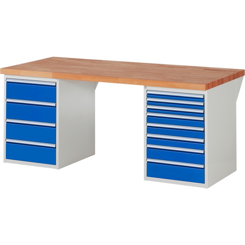 Product afbeelding: Werkbank RAU serie 7000, 2 kasten, hxbxd 840 x 2.000 x 900 mm, 12 x voor 100% uittrekbare lades 3 x 60 mm, 3 x 90 mm, 1 x 120 mm, 1 x 150 mm, 4 x 180 mm