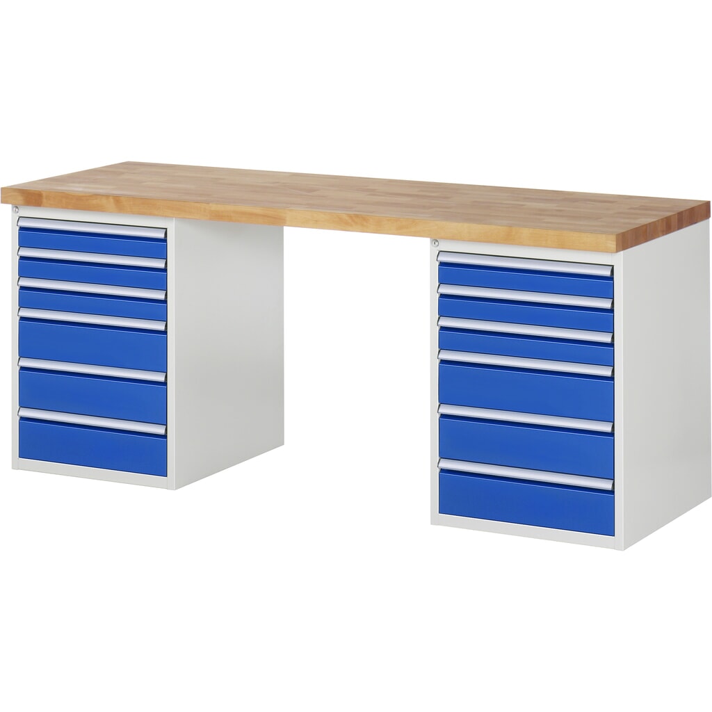 RAU werkbank serie 7000, h x b x d 890 x 2.000 x 700 mm, 2 onderbouwkasten, met telkens 6 lades Product afbeelding: RAU werkbank serie 7000, h x b x d 890 x 2.000 x 700 mm, 2 onderbouwkasten, met telkens 6 lades