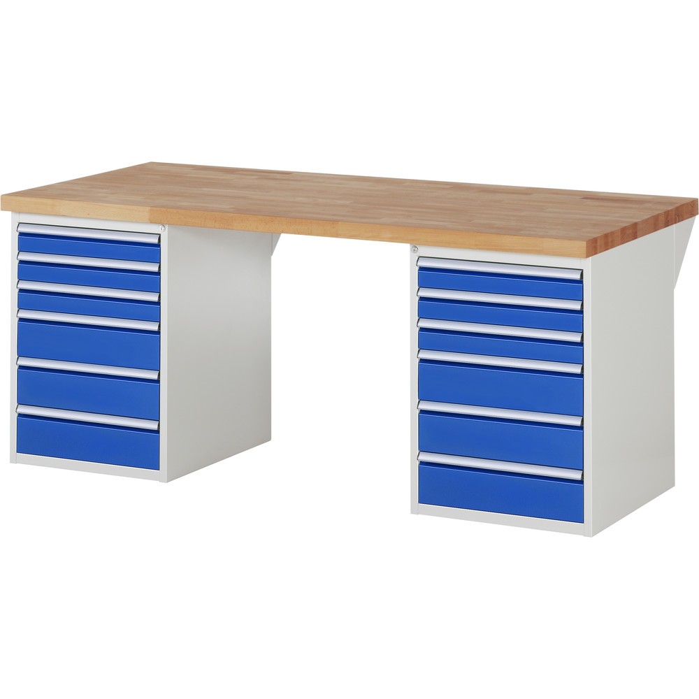 Product afbeelding: RAU werkbank serie 7000, h x b x d 890 x 2.000 x 900 mm, 2 onderbouwkasten, met telkens 6 lades