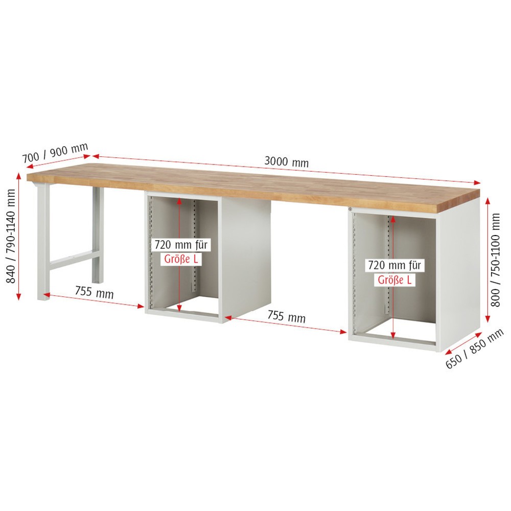 Productafbeelding nr. 5: Werkbank RAU serie 7000, 2 kasten, hxbxd 890 x 3.000 x 700 mm, 2 legborden, 2 draaideuren