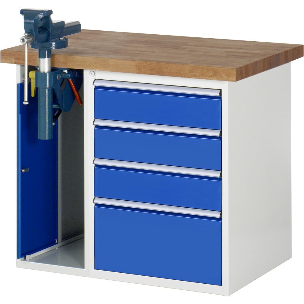 Product afbeelding: RAU werkbank serie 7000, h x b x d 890 x 1.000 x 700 mm, 1 onderbouwkast, met 4 lades en inklapbare bankschroef