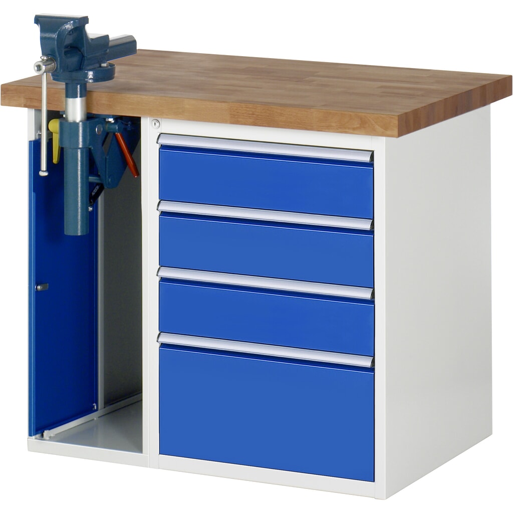 RAU werkbank serie 7000, h x b x d 890 x 1.000 x 700 mm, 1 onderbouwkast, met 4 lades en inklapbare bankschroef Productafbeelding nr. 1: RAU werkbank serie 7000, h x b x d 890 x 1.000 x 700 mm, 1 onderbouwkast, met 4 lades en inklapbare bankschroef