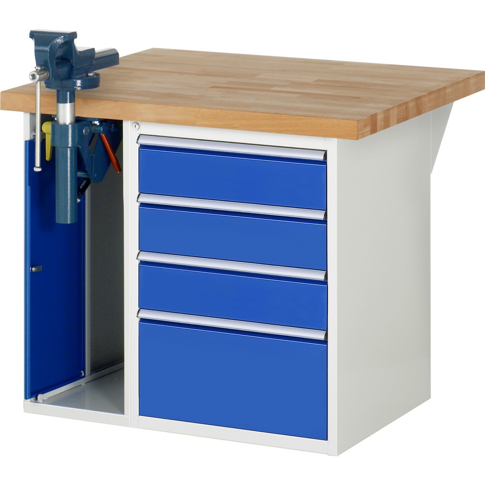 Product afbeelding: RAU werkbank serie 7000, h x b x d 890 x 1.000 x 900 mm, 1 onderbouwkast, met 4 lades en inklapbare bankschroef