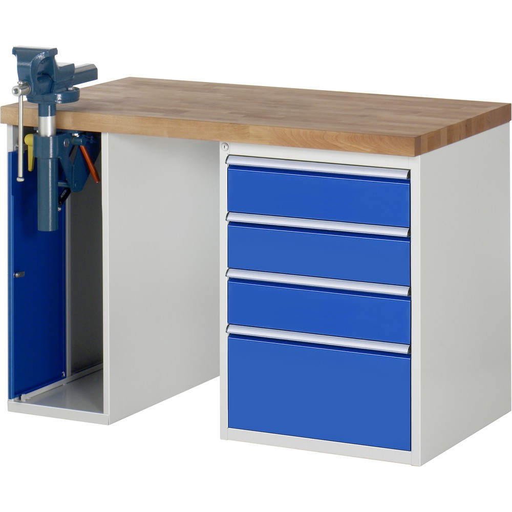 Product afbeelding: RAU werkbank serie 7000, h x b x d 890 x 1.250 x 700 mm, 1 onderbouwkast, met 4 lades en inklapbare bankschroef