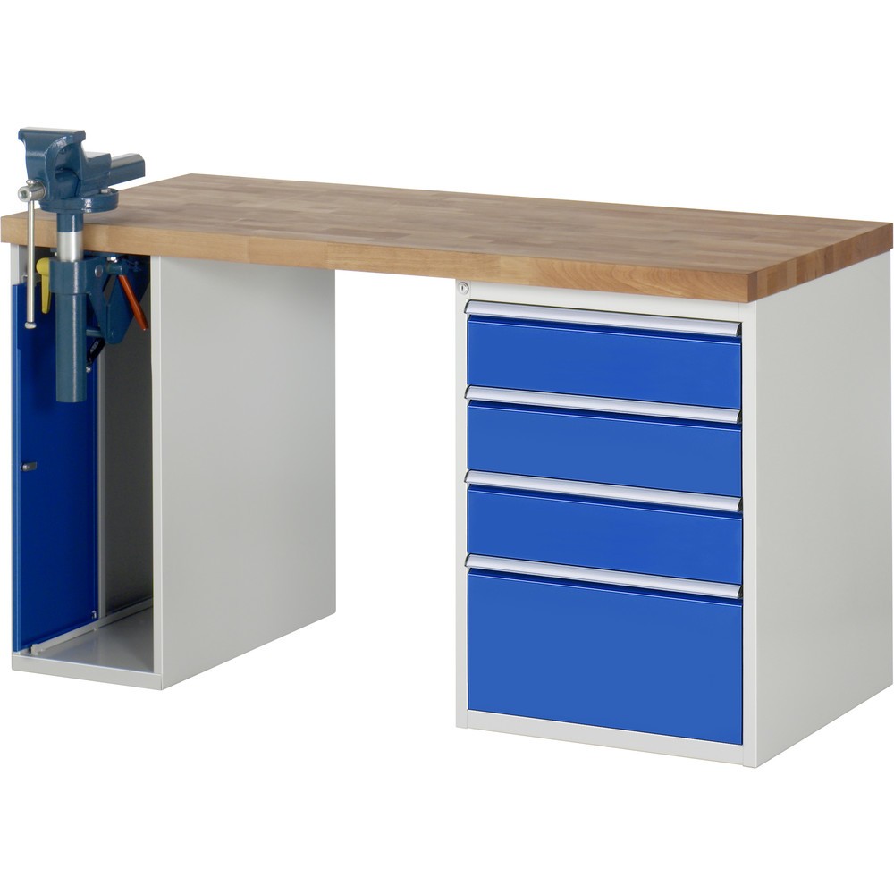 Product afbeelding: RAU werkbank serie 7000, h x b x d 890 x 1.500 x 700 mm, 1 onderbouwkast, met 4 lades en inklapbare bankschroef