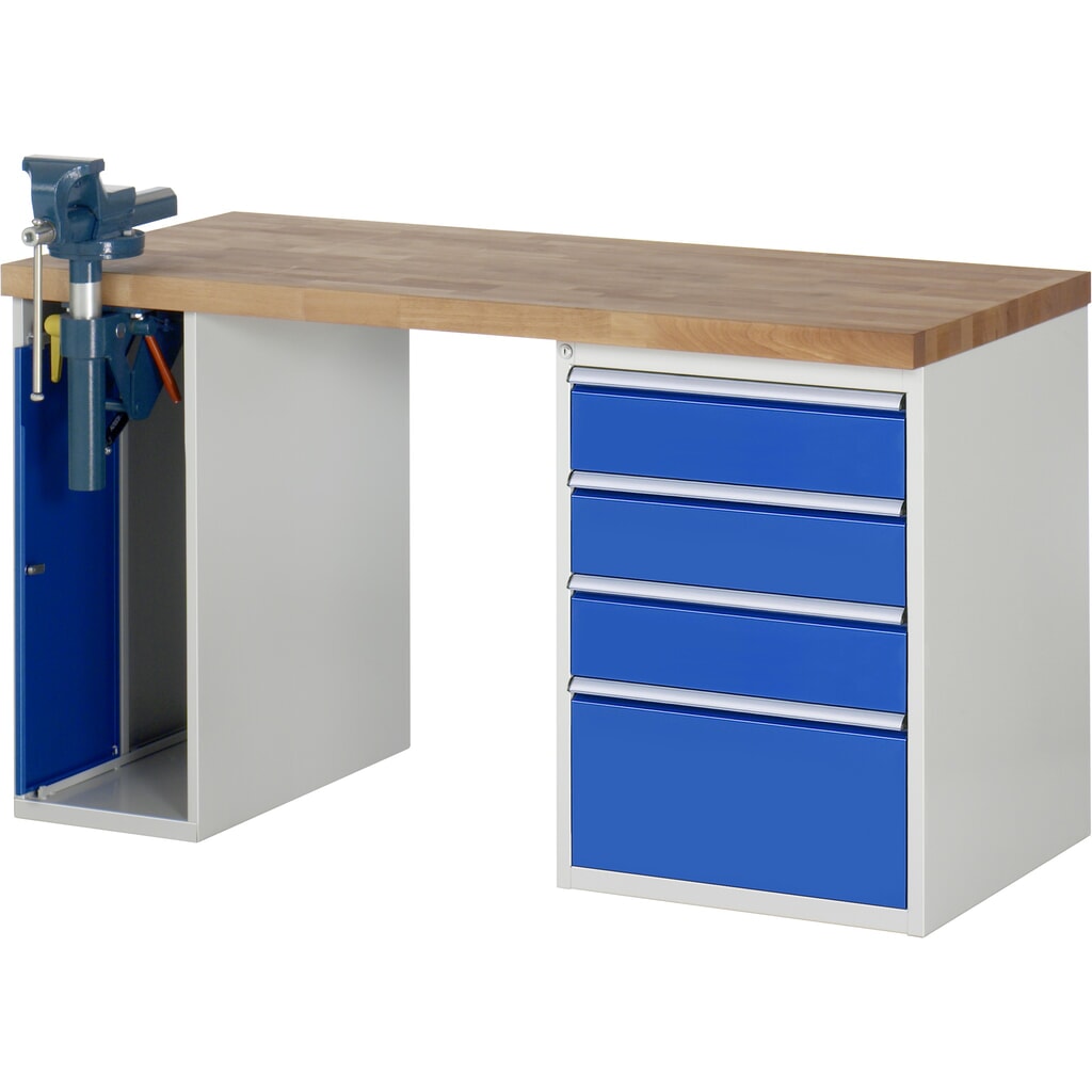 RAU werkbank serie 7000, h x b x d 890 x 1.500 x 700 mm, 1 onderbouwkast, met 4 lades en inklapbare bankschroef Product afbeelding: RAU werkbank serie 7000, h x b x d 890 x 1.500 x 700 mm, 1 onderbouwkast, met 4 lades en inklapbare bankschroef