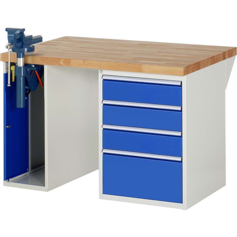 Product afbeelding: RAU werkbank serie 7000, h x b x d 890 x 1.250 x 900 mm, 1 onderbouwkast, met 4 lades en inklapbare bankschroef