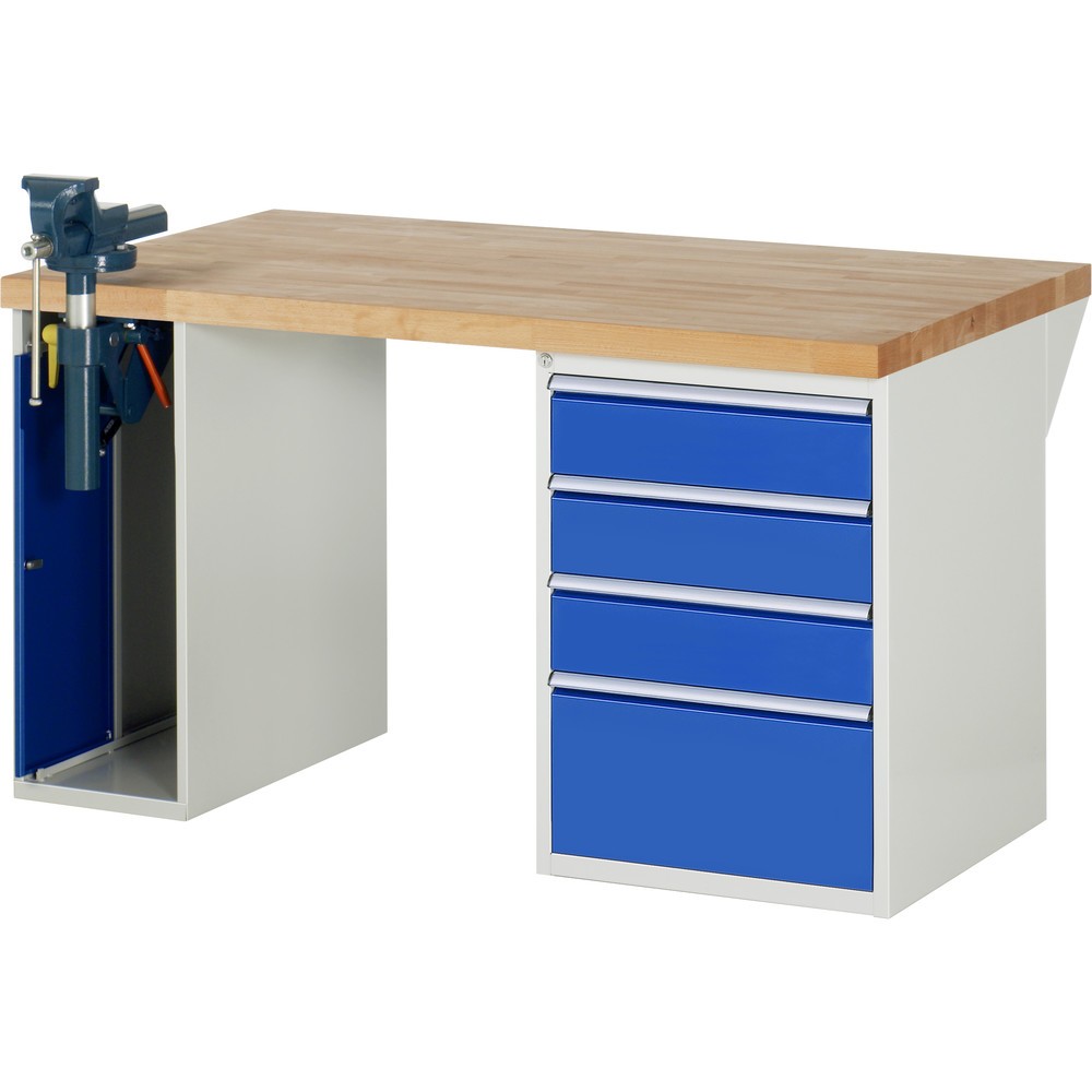 Product afbeelding: RAU werkbank serie 7000, h x b x d 890 x 1.500 x 900 mm, 1 onderbouwkast, met 4 lades en inklapbare bankschroef