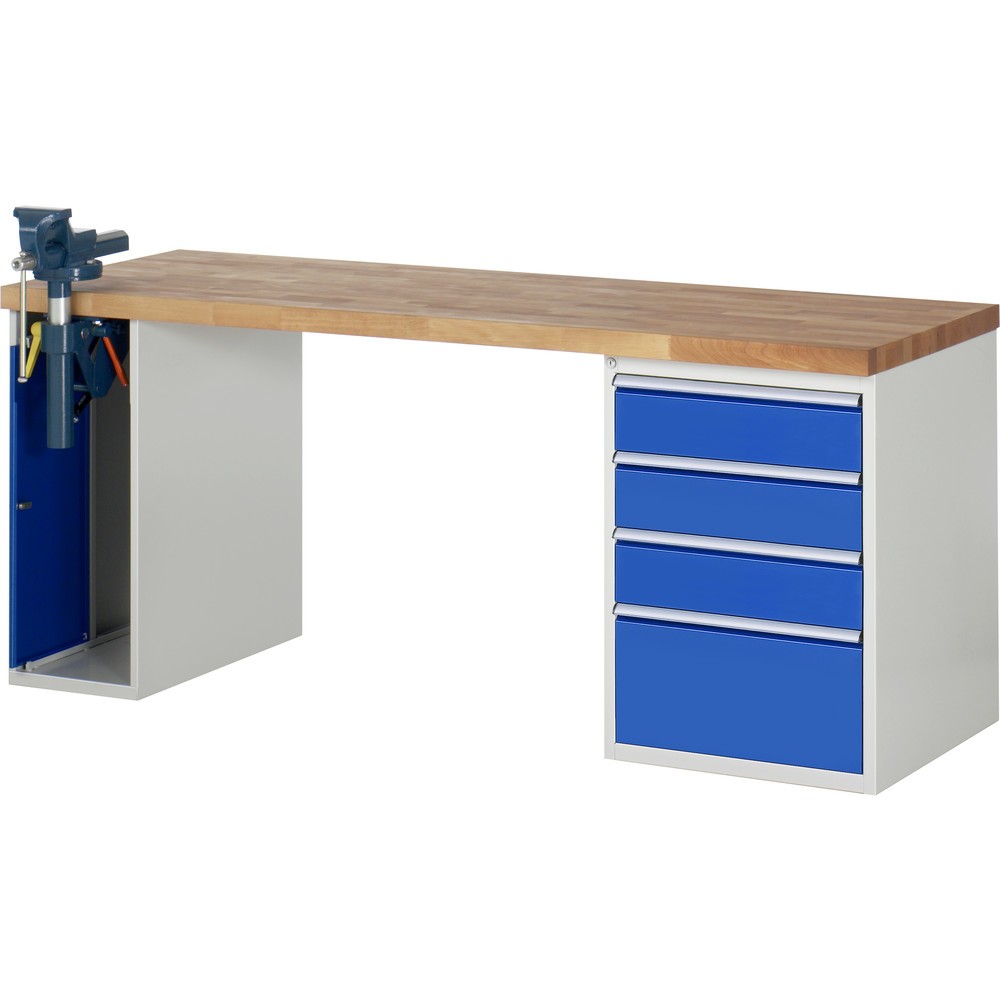 Product afbeelding: RAU werkbank serie 7000, h x b x d 890 x 2.000 x 700 mm, 1 onderbouwkast, met 4 lades en inklapbare bankschroef