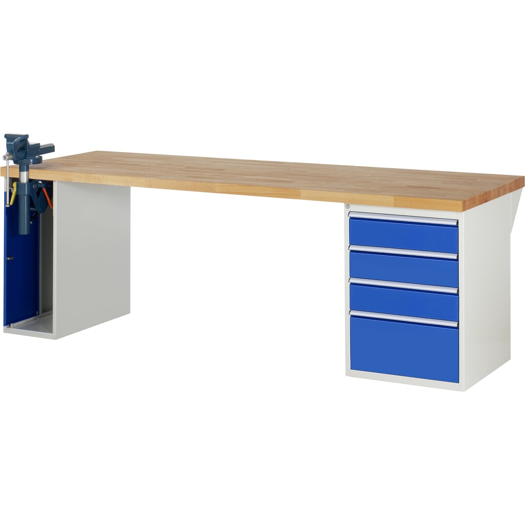 RAU werkbank serie 7000, h x b x d 890 x 2.500 x 900 mm, 1 onderbouwkast, met 4 lades en inklapbare bankschroef Product afbeelding: RAU werkbank serie 7000, h x b x d 890 x 2.500 x 900 mm, 1 onderbouwkast, met 4 lades en inklapbare bankschroef