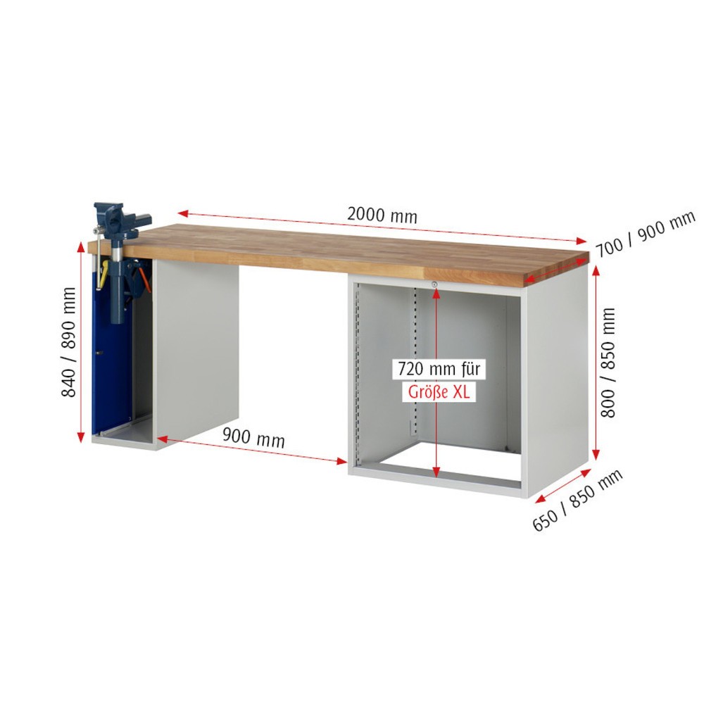 Productafbeelding nr. 5: Werkbank RAU serie 7000, 2 kasten, hxbxd 890 x 2.000 x 900 mm, 4 x voor 90% uittrekbare lades, draagvermogen lade 75 kg