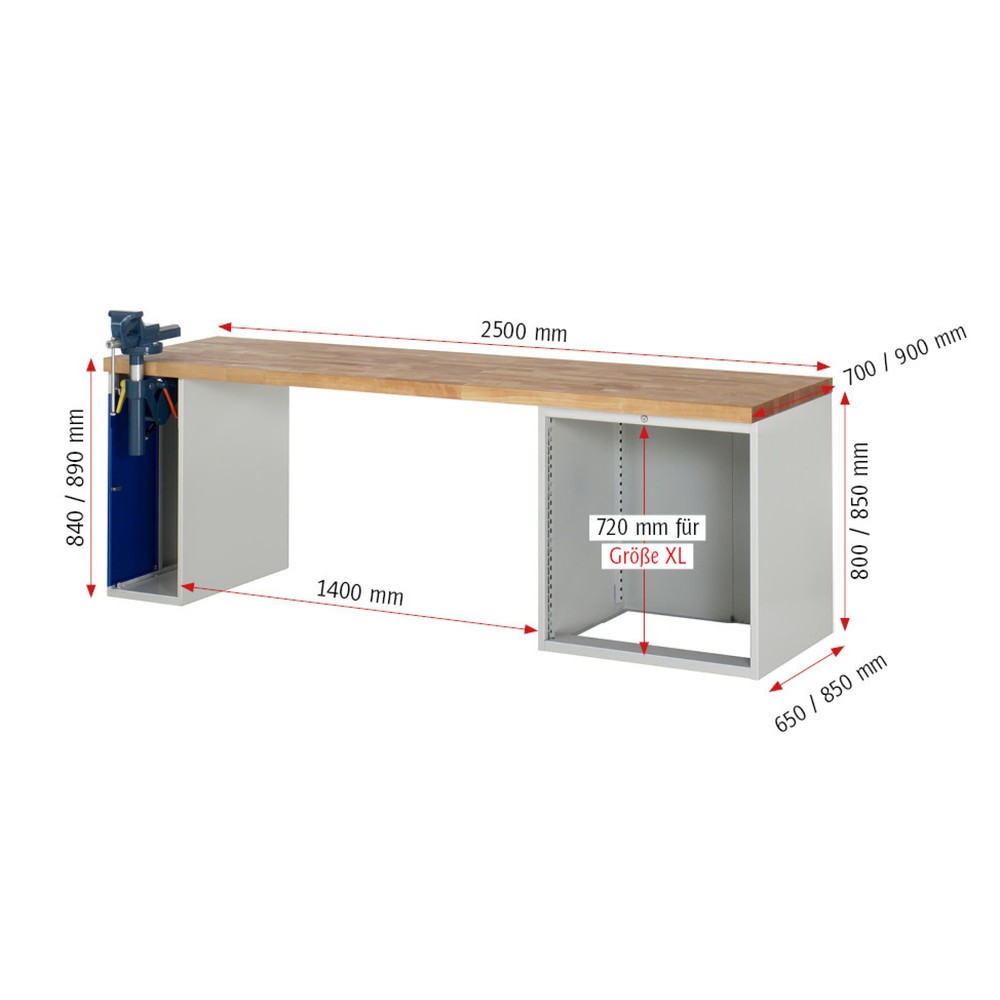 Productafbeelding nr. 6: Werkbank RAU serie 7000, 2 kasten, hxbxd 890 x 2.500 x 700 mm, 4 x voor 90% uittrekbare lades, draagvermogen lade 75 kg